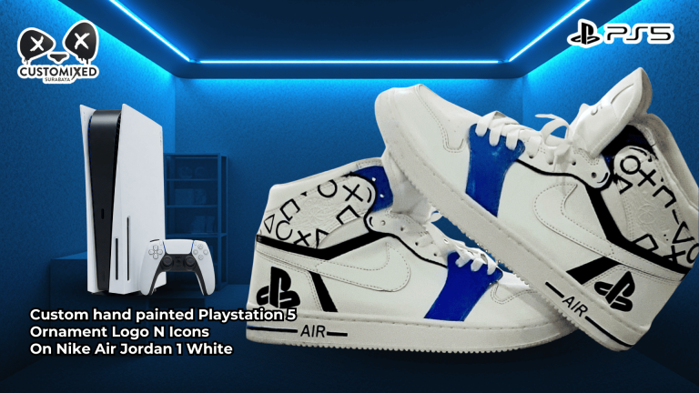 PS 5 White Blue Motives Paint Custom AJ1 Sneakers